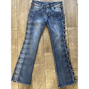 Platinum Plush Open Leg Design Rhinestone Denim Boot Cut Jeans Size 9 (Fab!!)